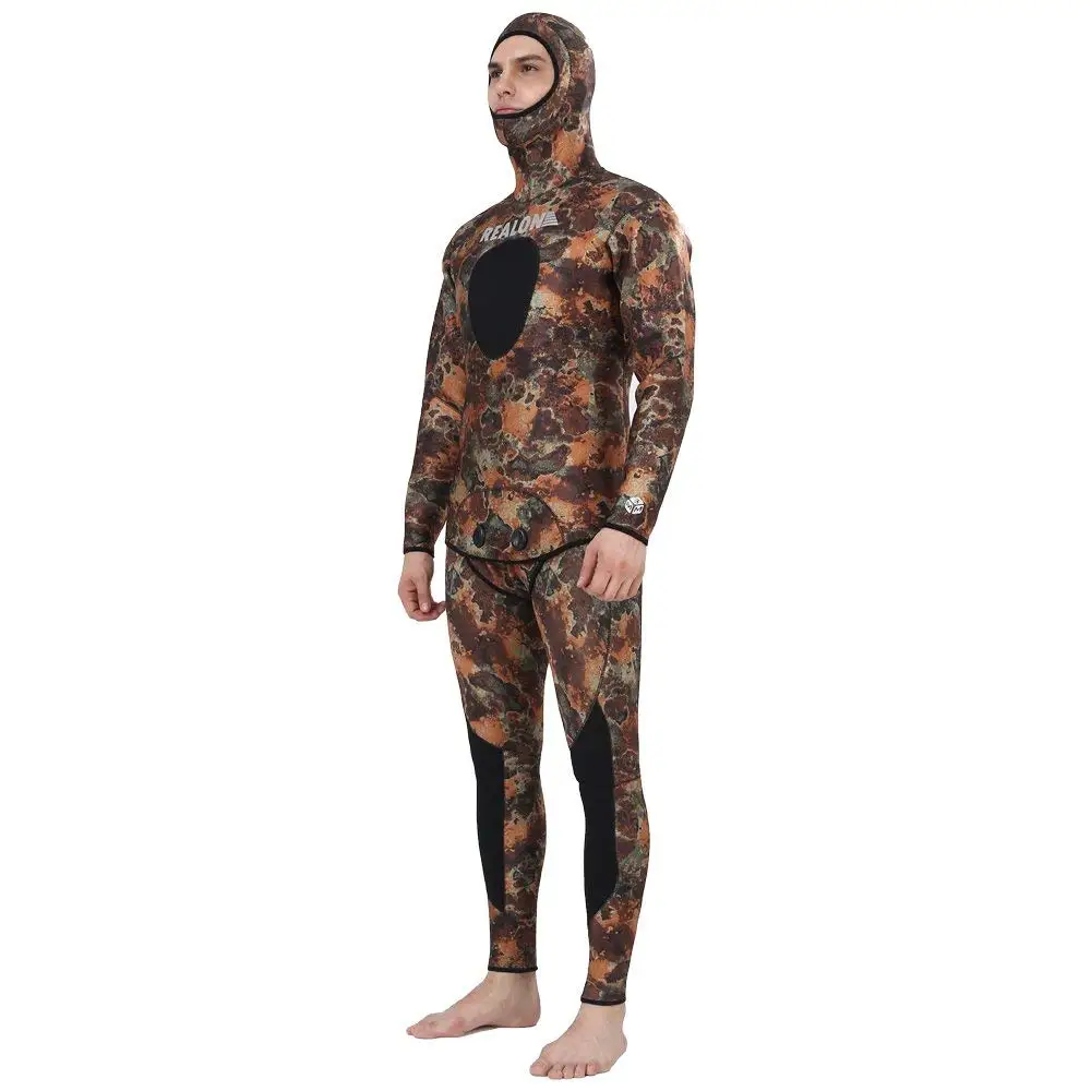 REALON Camo гидрокостюм для подводной охоты для мужчин 3 мм Топ неопрен Бесплатный Дайвинг костюм из двух частей Полный Балахон комбинезон для серфинга плавания