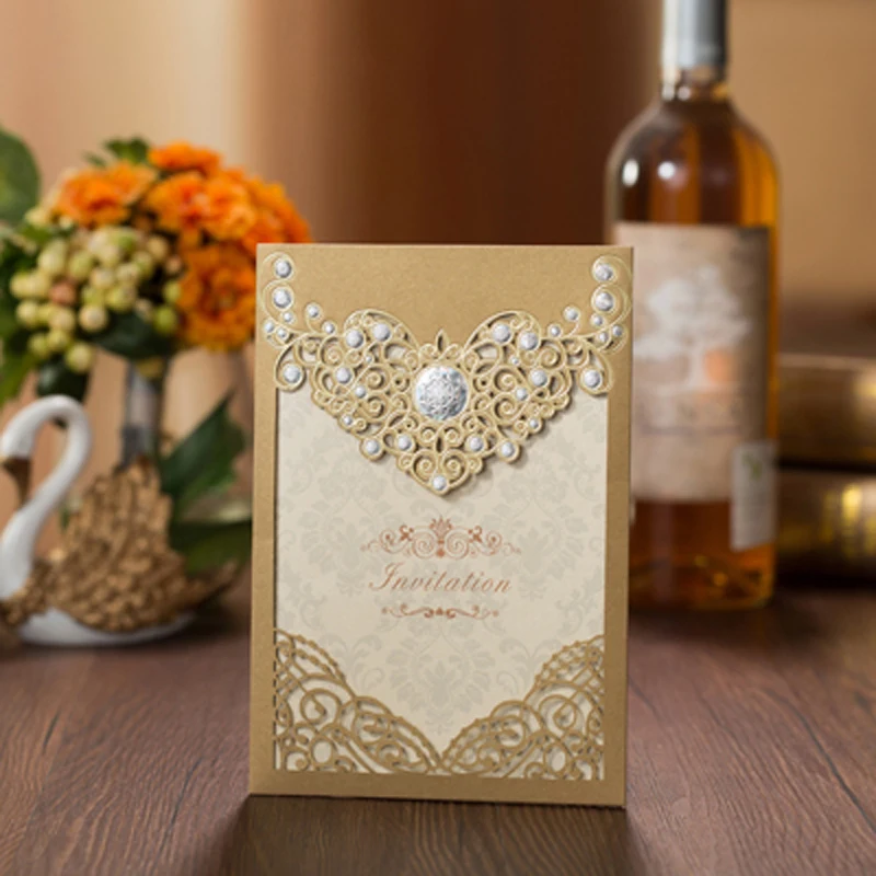  50pcs Red Gold Laser Cut Crown Flora Wedding Invitations Card Greeting Cards Customize Wedding Deco - 32882934142