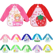 Multi-Color Cartoon Printed Long Sleeve Waterproof Shirt Baby Bib Baby Animal Toddler Scarf Feeding Smock Shirt For Baby Feeding