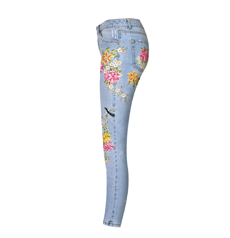 2017 Europe and the United States women's 3D three-dimensional heavy craft bird flowers front and rear side embroidery high waist straight irregular wear jeans (10)