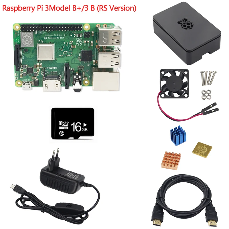 7 шт. Комплект Combo Raspberry Pi 3 Модель B +/3B материнской платы, 16 ГБ MicroSD карты и 5 В 2.5A адаптер, радиаторы, черный корпус и кабель HDMI
