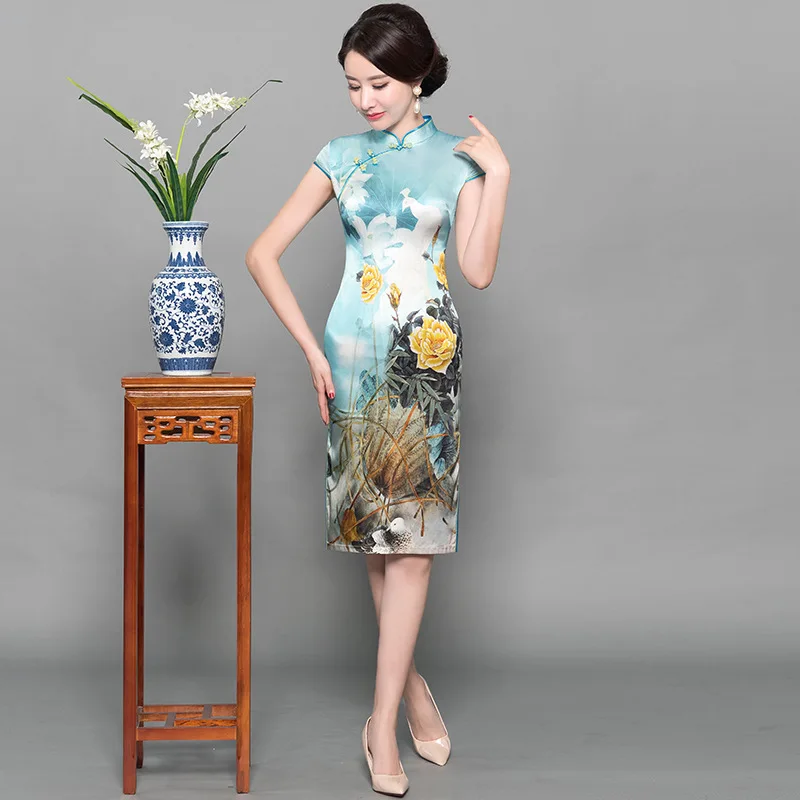 Новое Поступление Синие пикантные тонкий Qipao женский с цветочным принтом воротник-стойка Cheongsam шелковые платья Китайский Стиль