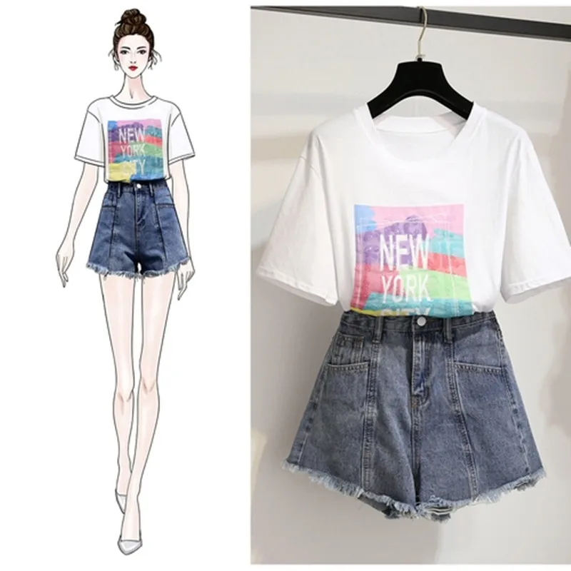 

3D Contrast Color Rainbow Letter Sequins Appliques Loose Short Sleeve T-shirt+High Waist Slim Jeans Shorts Denim Loose Pants Set