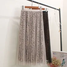 Юбки женские с высокой талией леопардовые кисточки новые осенне-зимние трехслойные белые газовые длинные плиссированные юбки 9809