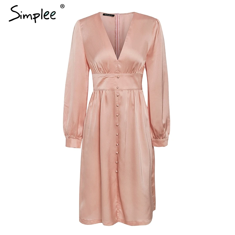 Simplee Элегантный шелковый вечернее платье глубокий v-образным вырезом атласное платье женщин миди пуговицы с длинным рукавом высокой талией - Цвет: Розовый