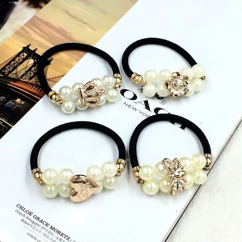 

2019 hot sale handmade pearl flower girl hair accessories hair ring high elastic rubber band pony tail hair rope