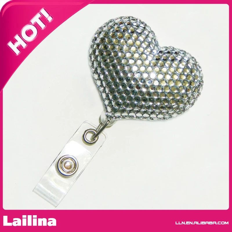 Clear Heart Retractable Rhinestone Badge Reel / Name Badges / ID Badge