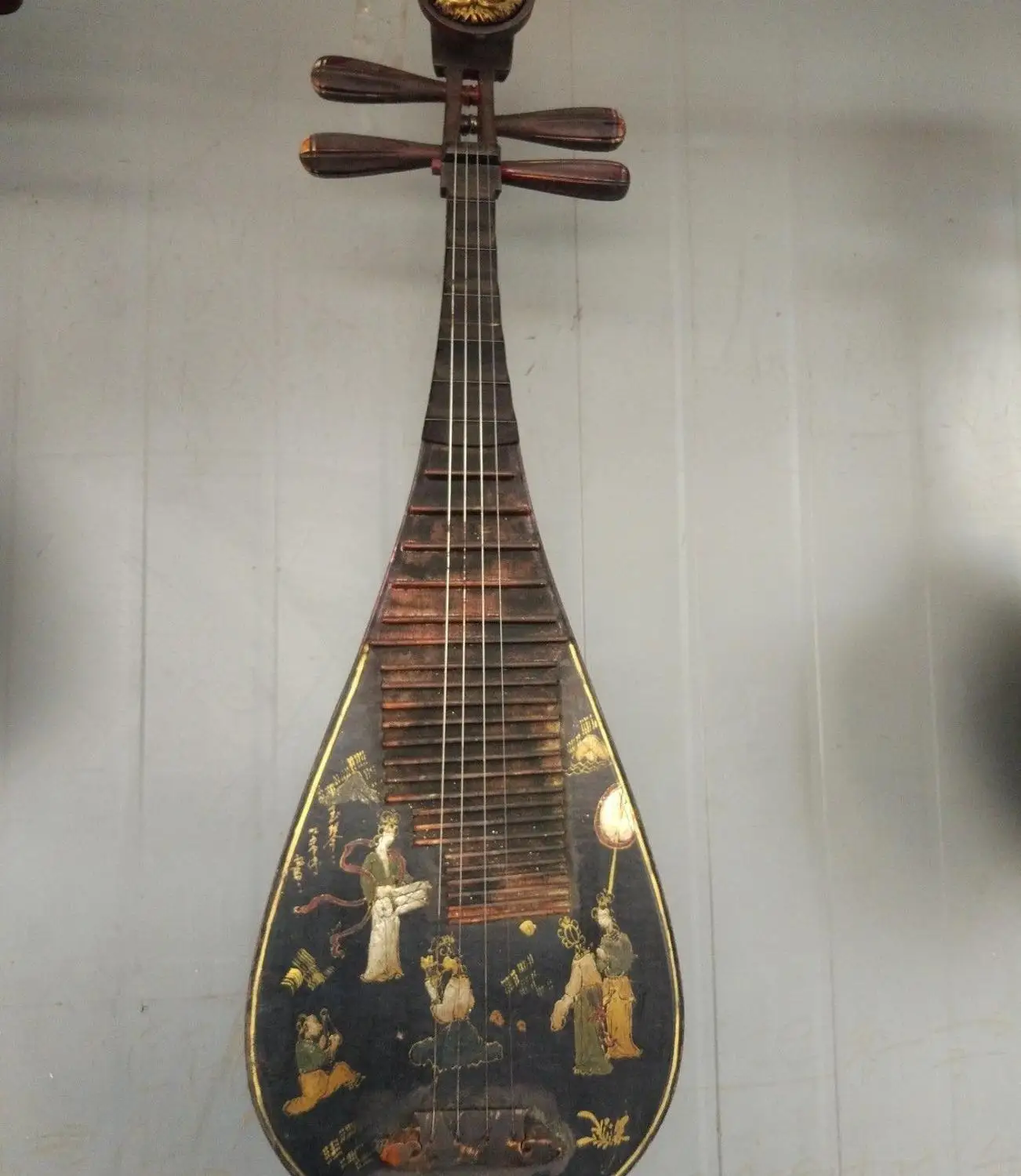 

34" China old wood lacquer handwork musical instrument Chinese lute pipa Statue
