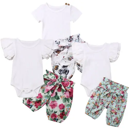 

Baby Clothes 2pcs Newborn Baby Girls Floral Short Sleeve Bodysuit+Floral Pants Outfits Sunsuit Set