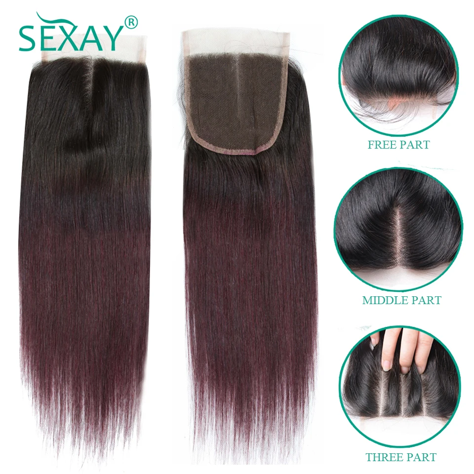  Sexay Ombre Color Hair Brazilian Straight Hair Lace Closures With Baby Hair 2 Tone T1B/99J Burgundy