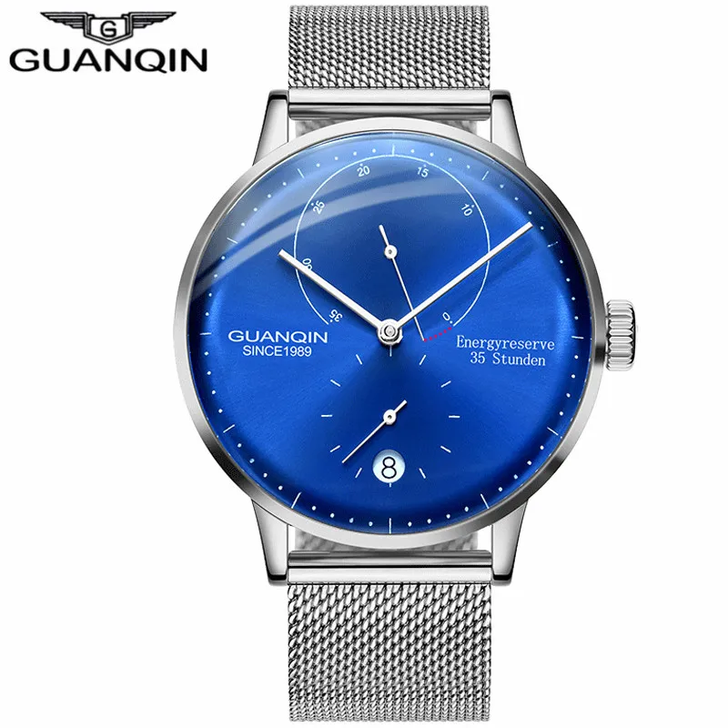 GUANQIN мужские часы автоматические механические энергетические резервы 35 красивые часы повседневные Модные сапфировые водонепроницаемые мужские наручные часы - Цвет: Silver Blue
