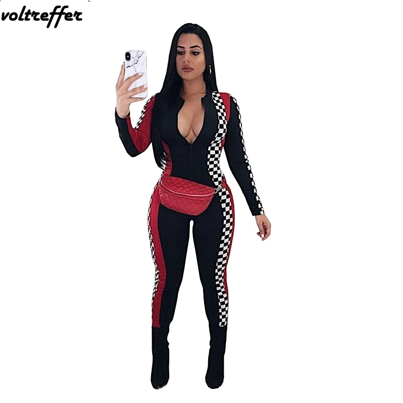 2018 Spring Plaid Patchwork Print Bandage Bodysuit Rompers Womens