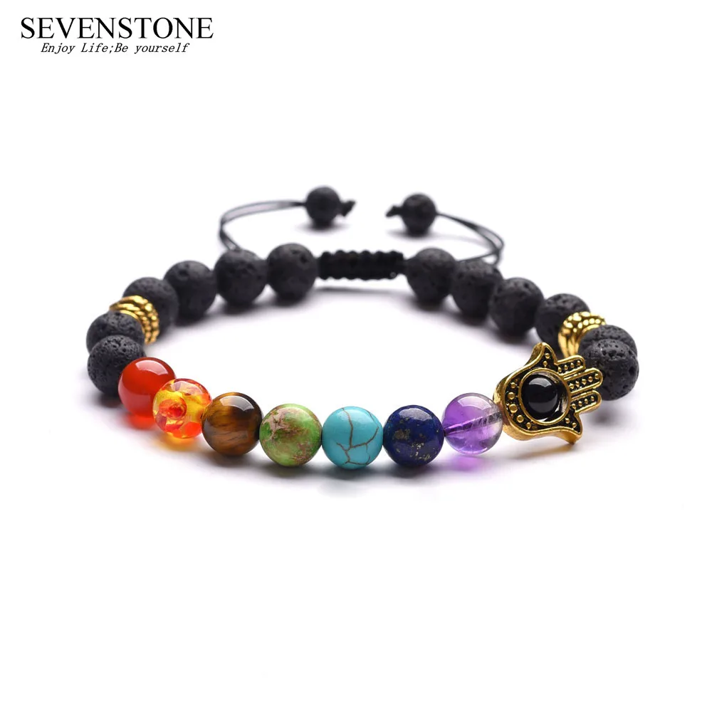 

SEVENSTONE 2019 New Fashion Natural Stone Seven Chakra Volcanic Charm Bracelet Reiki Healing Heath Bracelets for Women Jewelry