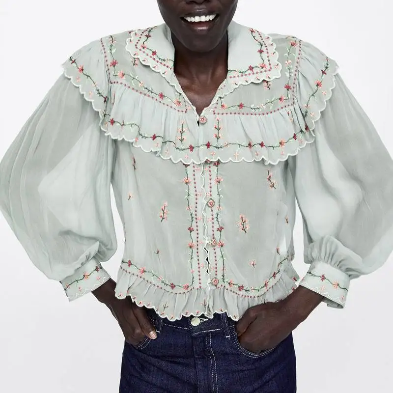 2019 New Women Blouses Shirts Embroidery Chiffon Floral Ruffle Chic Tops Modern Lady's Casual Wear Female Blusa DS07 (8)