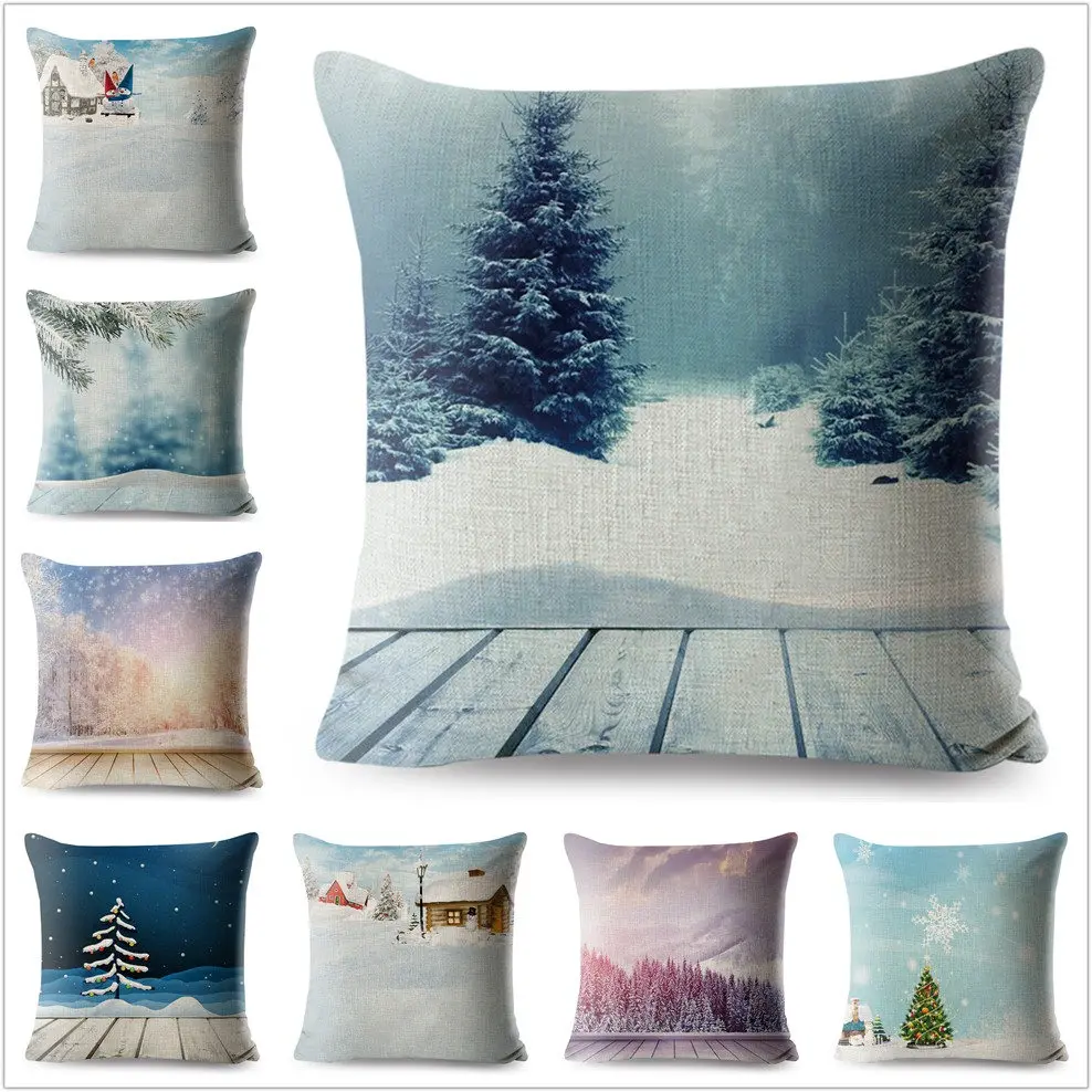 Winter Snow Scene Pillow Cover 45*45cm Linen Cushion Covers Living Room
