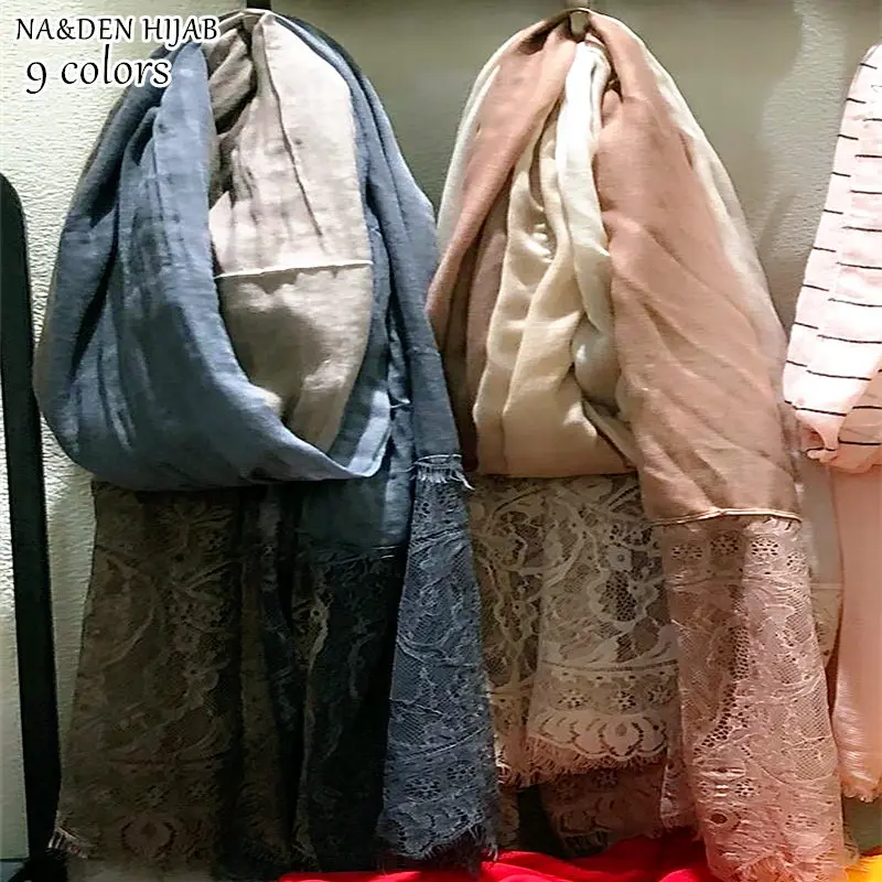 

NEW ombre color embroidery lace hijab scarf flower fashion women scarves shawls brand wrap soft muffler elegant islamic hijabs