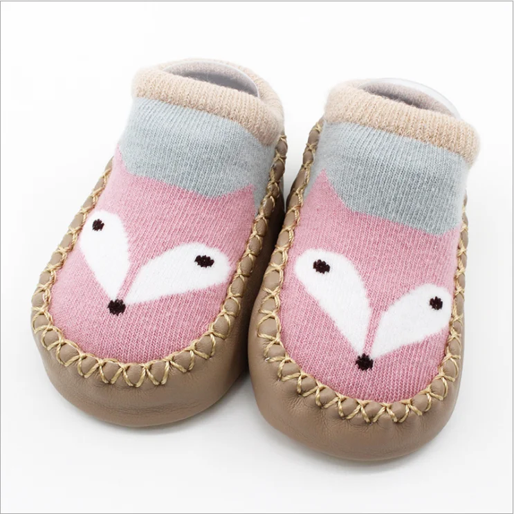 Милые носки с изображением животных для малышей, хлопковые нескользящие домашние носки для мальчиков и девочек, кожаные носки для новорожденных, домашние тапочки для детей 0-24 месяцев - Цвет: 6S fox pink