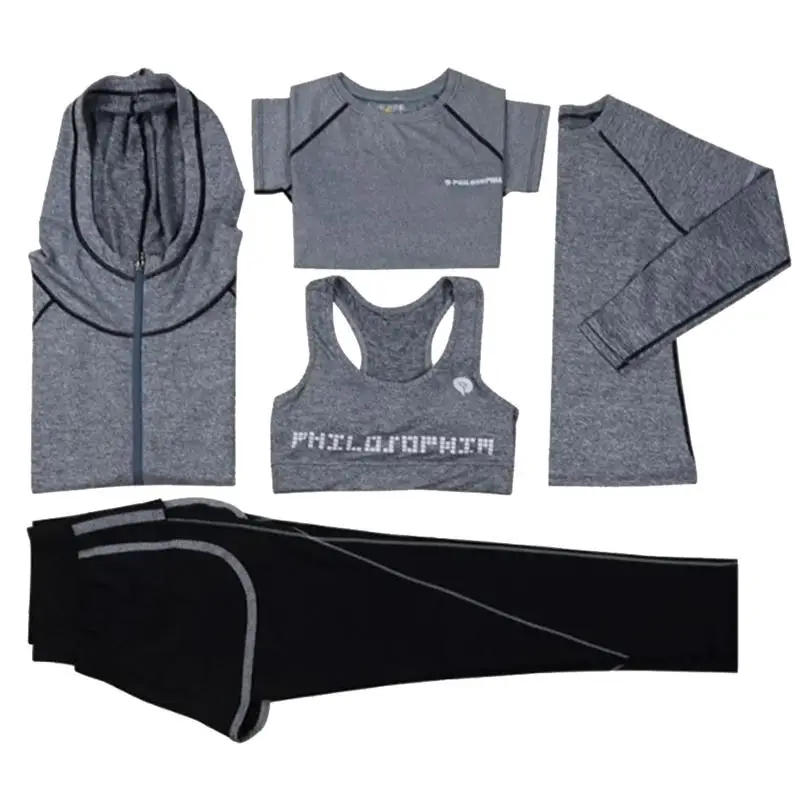 

5pcs/Set Soft Women's Sport Suits Fitness Athletic Tracksuits Outfits for Yoga Running Jogging Size S (Light Grey)