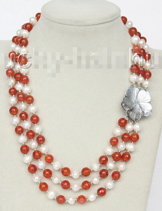 

17" 8mm 3row round white pearls red agate necklace j10325