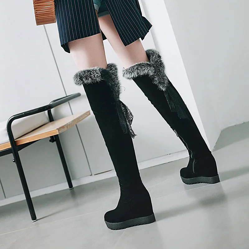WETKISS/высокие каблуки женские теплые боты кружева обувь с круглым носком выше колена женские ботинки увеличивающая рост обувь на платформе зимняя женская обувь