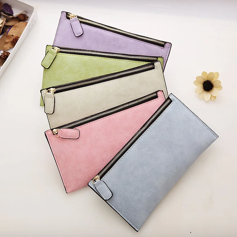 

BONAMIE Zipper Women Leather Card ID Holder Slim Long Wallet Simple Designer Female Purse Clutch Thin Phone Coin Credit Bag Pink
