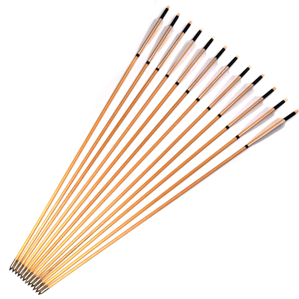 6pcs  Wooden Arrow with White Turkeys Feather for 20-50lbs Bow Archery Shooting