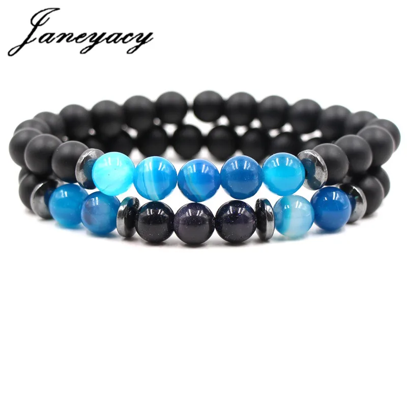 

Janeyacy New 2 Pcs / Set Fashion Natural Stone Bracelet Women Pulseira Classic Frosted stone Black Beaded Bracelet Men Pulsera