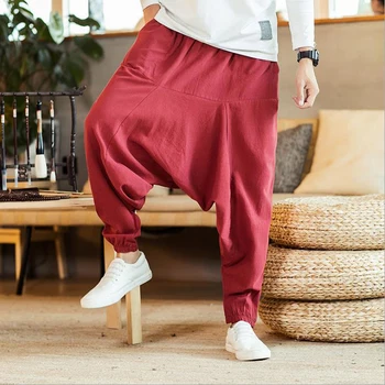 

Men Pants Men's Wide Crotch Harem Pants Loose Trousers Wide-legged Bloomers Chinese Style Flaxen HipHop Ankle-Length Baggy