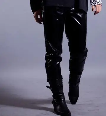 Черный певец костюмы ПУ искусственная кожа брюки для мужчин 1 брюки человек сценические брюки сращивания мужские брюки обеспечивают на заказ - Цвет: Черный