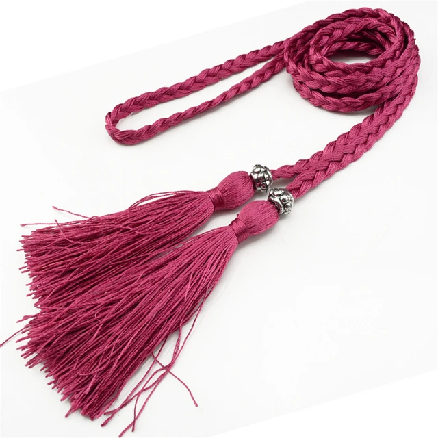 Women Waist Belt Rope Chinese Style Braided Woven Tassel Thin Belt Female Knot Decorated Waistband Hot Casual Solid Black Belts Rose Red