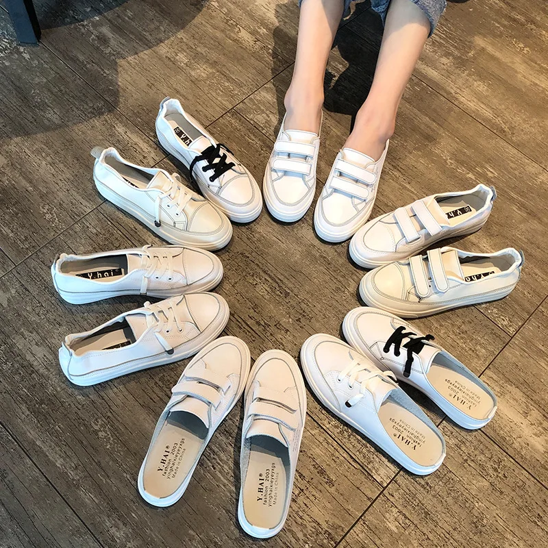 

HEEGRAND Hook & Loop Women Shoes White Round Toe Flats Spring 2019 Soft Leather Casual Shoes Comfortable Solid Slippers XWD7734