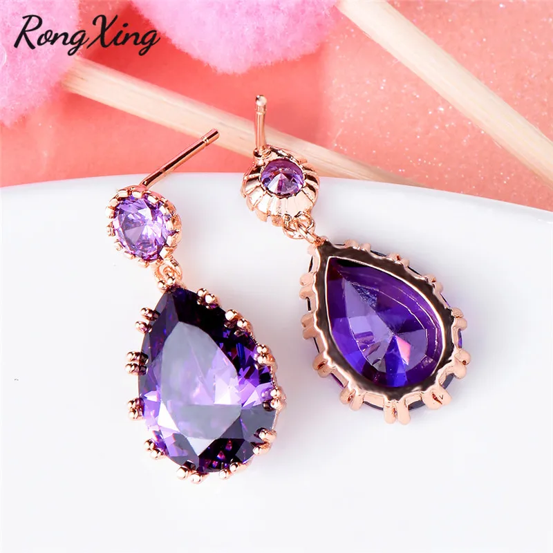 RongXing, очаровательные фиолетовые серьги-капли с камнем рождения для женщин, розовое золото, заполненные капли воды, циркониевые свисающие серьги, свадебные ювелирные изделия