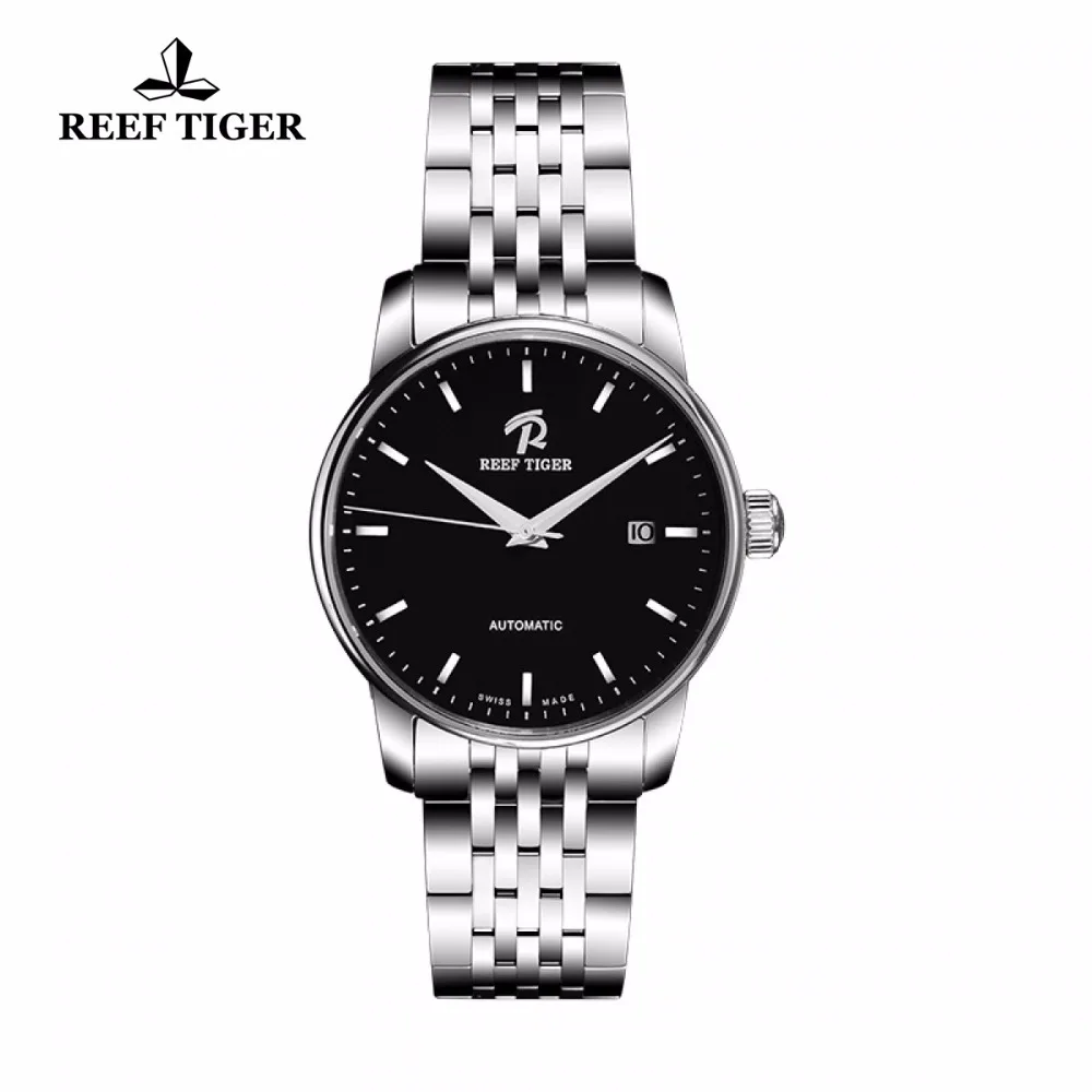 

Reef Tiger/RT Mens Dress Watches with Brand Logo Visible Back Over With Date Automatic Full Steel Watches RGA810
