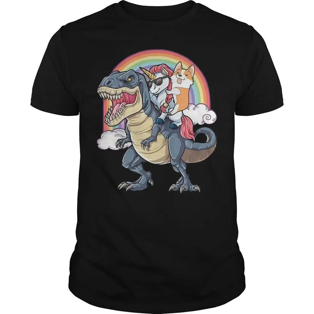 Unicorn and Corgi Riding A Dinosaur T-rex Shirt Cartoon t shirt men Unisex New Fashion tshirt Loose Size top ajax 2018 funny | Мужская