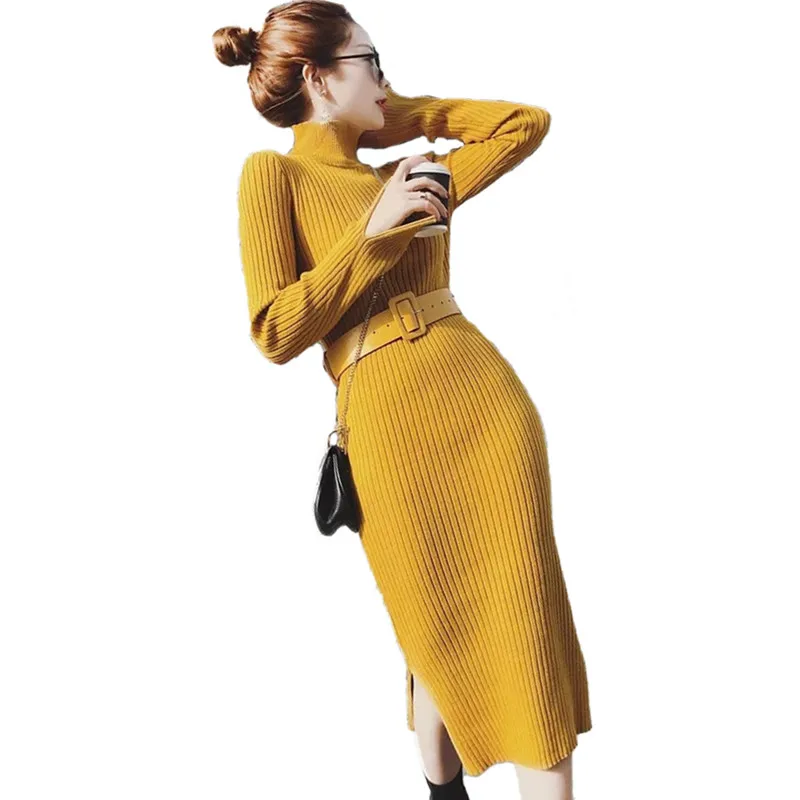 

Knit Dresses Women Autumn Winter Sexy Package hip Dresses Long sleeve High collar Pullover Sweaters Long Bottoming Dresses H606