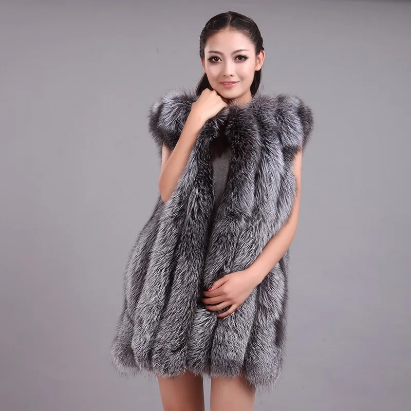 LIYAFUR Women's Real Genuine Full Pelt Silver Fox Fur Long Sleeveless Vest Waistcoat Gilet for Women