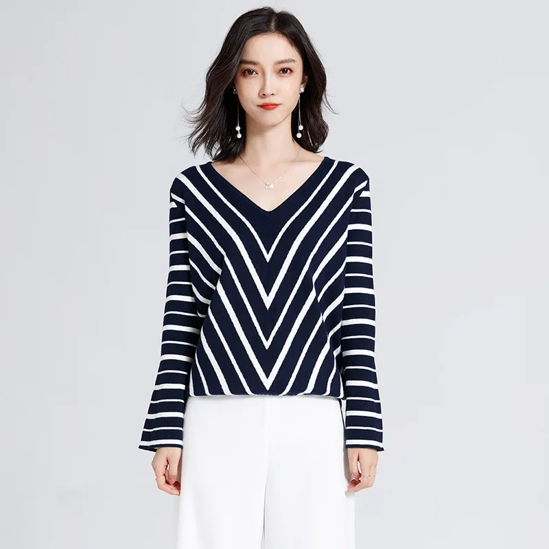 2019 Autumn Women Clothing V-neck Knit Flared Sleeves Striped Contrast Pullover Korean Ladies Knitting Sweater BA0023 2019 Autumn Women Clothing V-neck Knit Flared Sleeves Striped Contrast Pullover Korean Ladies Knitting Sweater BA0023