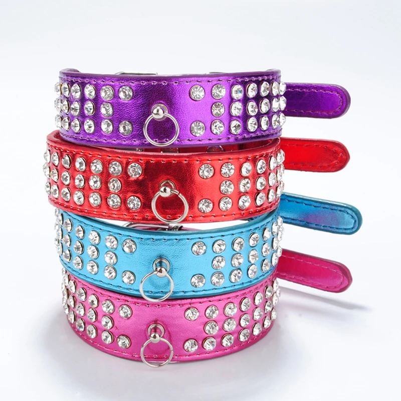 1Pc Puppy Pet Dog collar Three Crystal Collars PU Leather Neck Diamante