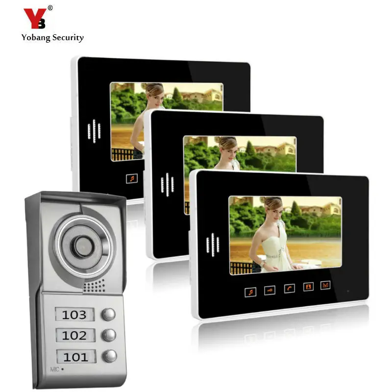 Yobang Security Apartment Intercom Entry System 3 Monitor 7\ HD Color Video Door Phone Video Doorbell intercom System 3 Houses