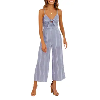 

Striped Print Strap Jumpsuit 2018 Summer Women Blue Color Lace Up Bow Full Length Rompers Sexy Sleeveless Casual Beach Overalls