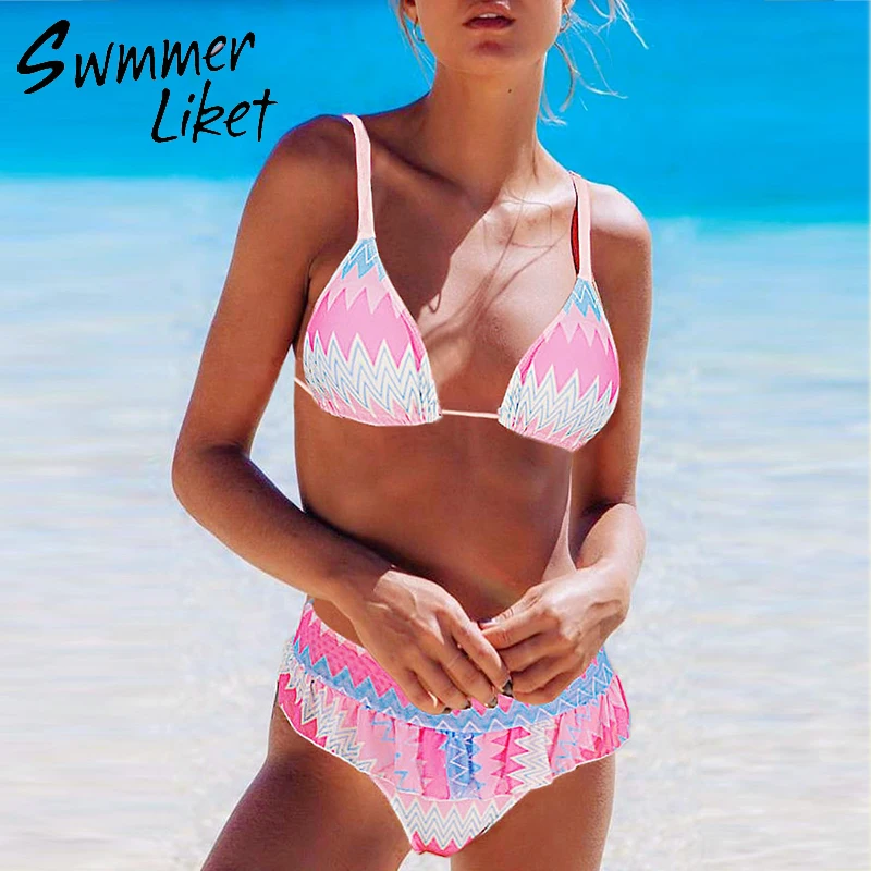 

Ruffle bikini set High waist swimsuit female Geometric print bikini top Halter swimwear women String bandage bathing suit new