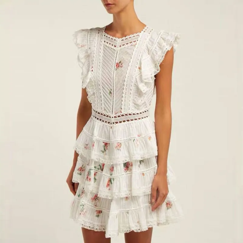 

2019 New self portrait women Backless bow Mini Cake Dress flowers Print sleeveless Ruffles beading party Dresses Vestidos robe