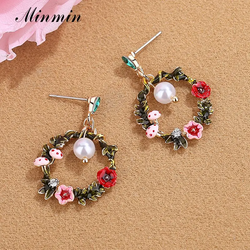 

Minmin Romantic Wreath Cute Mushroom Flower Long Drop Earrings Elegant Simulated Pearl Pendant Earrings Prom Jewelry 2019 EH1478