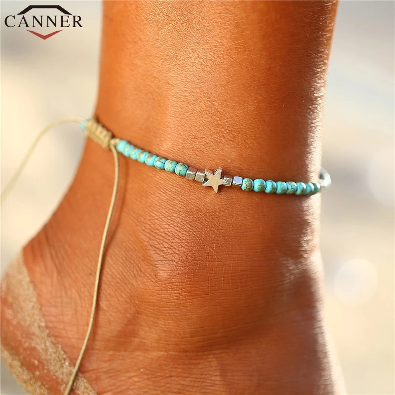 CANNER Bohemian Blue Beads Anklet Beach Star Foot Bracelet Anklets for Women Jewellery Boho Bracelet cheville femme FF