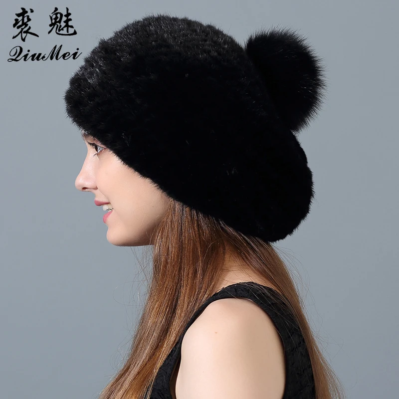 

Genuine Fur Mink Hat for Women Genuine Fur Pompom Cap Beret Real Fur Hat Knitted Natural Newest Fur Hats 2018 Winter Beanie