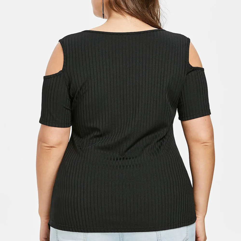 Модная женская Повседневная футболка больших размеров с открытыми плечами, ребристая футболка с разрезом, топы с открытыми плечами, футболка с разрезом