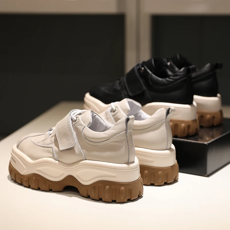 

Super Thick Heel Women Sneakers Genuine Leather Lace-up Outdoor Woman Casual Shoes Wedges Height Increase Black White Sport Shoe