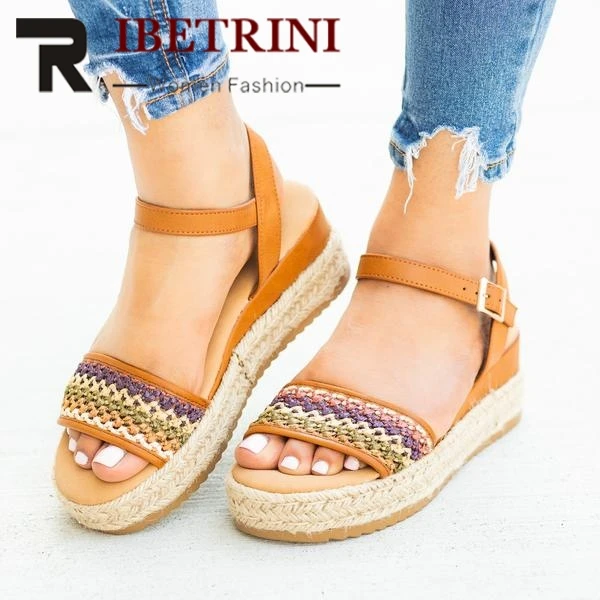 

RIBETRINI INS Ankle-strap Straw Flat Platform Summer Casual Women Shoes Woman Sandals Leisure Big Size 35-43 Sandals 2019