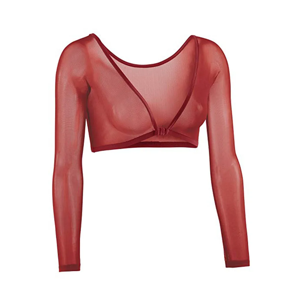 

Women Both Side Wear Sheer Plus Size Three Quarter V-Neck Seamless Arm Shaper Crop Top Shirt Blouses #25