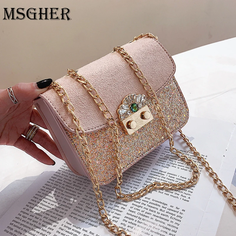 

MSGHER Sequins Women bag 2018 New handbag High quality PU Leather Sweet Girl Square bag Faux Suede Chain Shoulder Bags WB1666